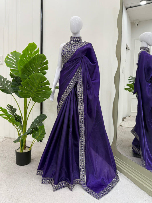 Blue Beautiful Designer Saree on Jimmy Chu Fabric with Thread & Sequence work