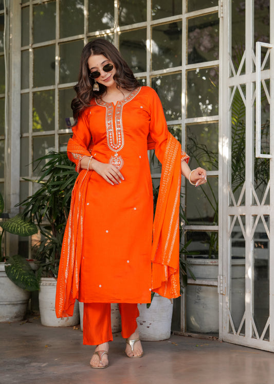 Beautiful Orange Viscose Chanderi Fabric Kurtis Pant Set