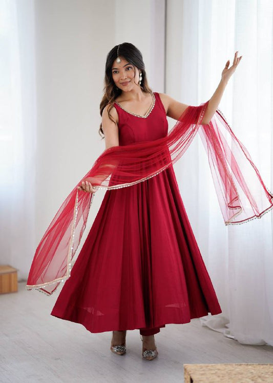 Maroon Color Chanderi Pure Roman Silk Anarkali Suit