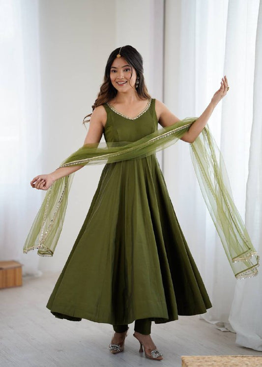 Mehndi Color Chanderi Pure Roman Silk Anarkali Suit