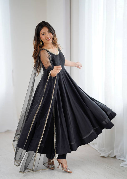 Black Color Chanderi Pure Roman Silk Anarkali Suit