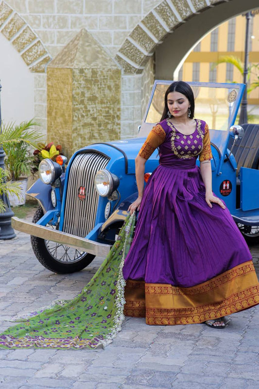Purpal Embroidered Work Weaving Silk Readymade Gown