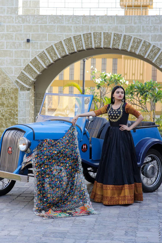 Black Embroidered Work Weaving Silk Readymade Gown