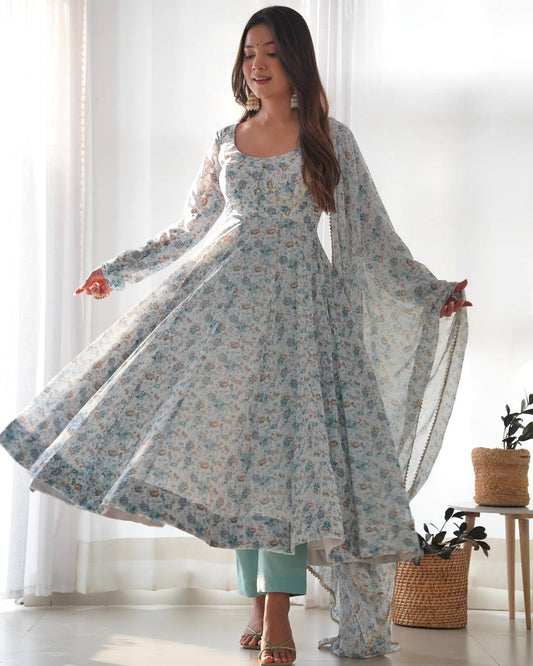 Sky Blue Heavy Orange Chiffon Floral Print Salwar Suit