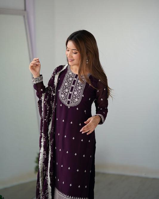 WINE BEAUTIFUL PURE BLOOMING RANGOLI SILK FABRIC STRAIGHT FIT KURTA WITH DUPPTA SET