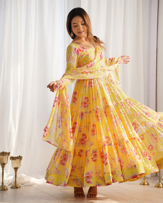 Yellow Heavy Pure Fox Georgette Multi Floral Print Suit