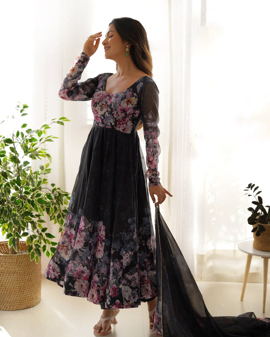 Black Pure Soft Organja Silk Fabric Fully Flair Kali Pattern And Canvas Patta With Dupatta Set Suit