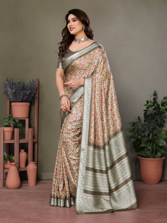 Designer Beautiful Blue Color Khadi Vichitra Pashmina Digital Print With Jacquard Rich Pallu Border Weaving Work