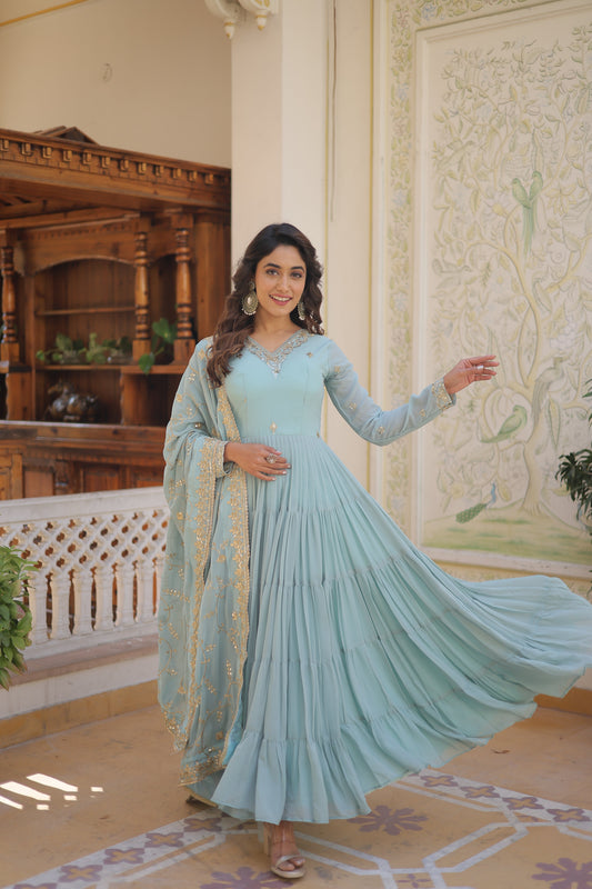 Sky Coloured Faux Georgette with Embroidered work Gown With Dupatta