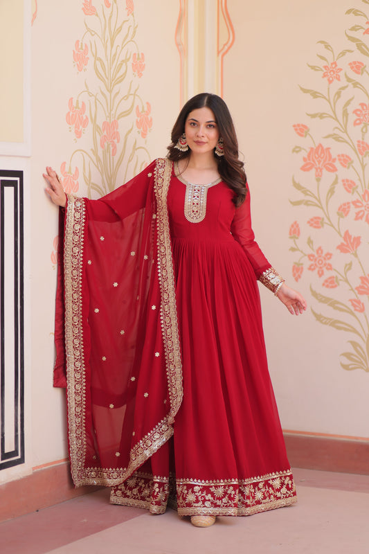 Women Maroon Embellished Anarkali Dress Designer Gown for Women | Evening Gown
