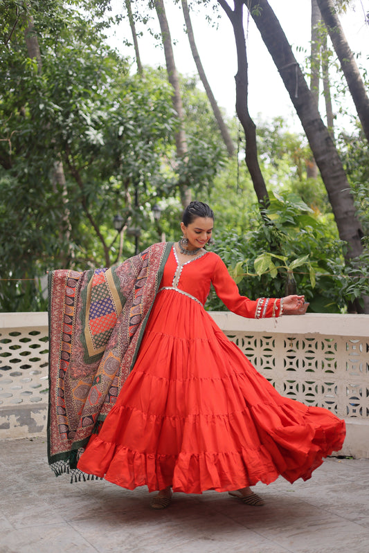 Good-looking Orange Rayon Festival Wear Gown With Printed Dupatta
