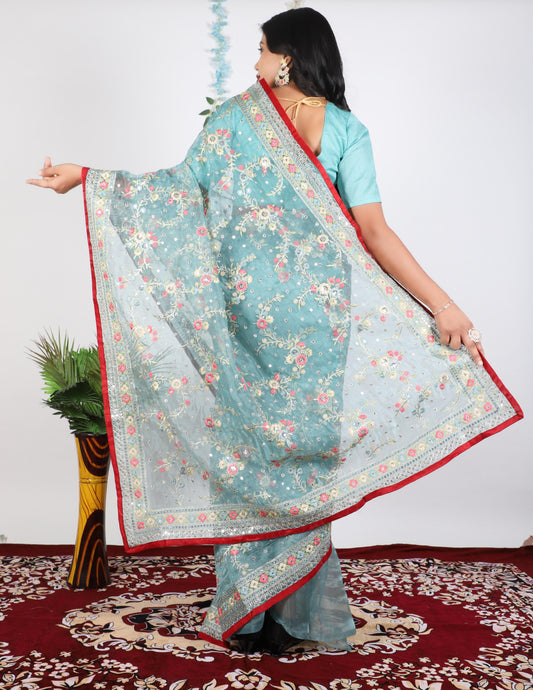 Tissue Organza With Beautiful Zari + Multi + 5 M.M Sequence Embroidery C Pallu Work