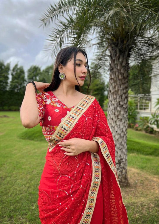 Heavy Fox Georgette With Multi + Thread Coding Embroidery & 3/5.MM Sequence In Pallu_Skirt Work Saree And Embroidery Multi Colour Lace Work