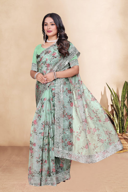 Tissue Organza With Beautiful Flowers Digital Print And Embroidery Zari