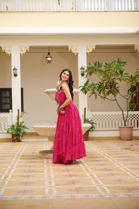 3 Pink Bandhani Mirror Work Gown Fully Stitched Festive Outfit for Ras Garba Nights