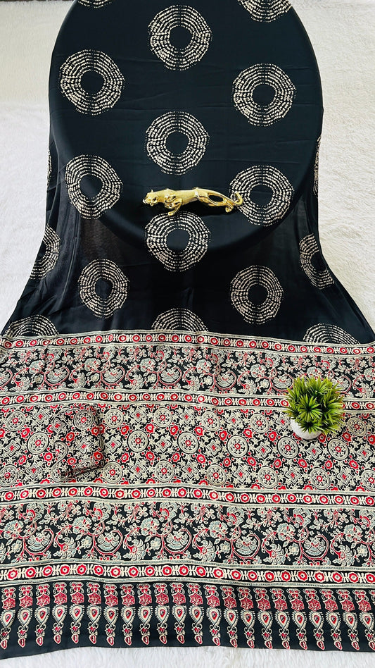 Beautiful Black Ajrakh Pure Gajji Silk Saree WIth Tasselk